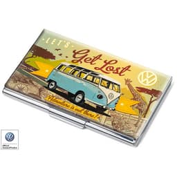 A metal business card holder with a colourful design featuring a blue vintage van and wildlife illustrations.