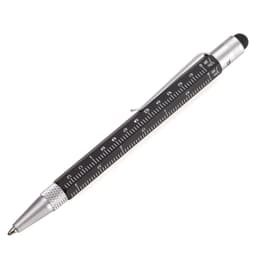 A pen with a black barrel and silver accents, featuring a ruler printed along its side and a stylus tip.