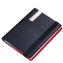 A black notebook with a red interior and an elastic band, featuring a silver clip on the cover.