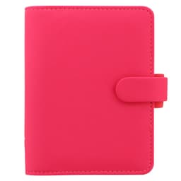 A pink organiser with a clasp closure, featuring a textured surface and a plain design.