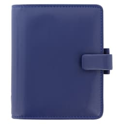 A navy organiser with a clasp closure, featuring a smooth finish and a subtle logo.