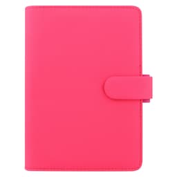 A pink organiser with a textured finish and a clasp closure, featuring a logo on the front.