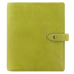 A pear leather A5 organiser in a vibrant green colour, featuring a snap closure and stitching details.