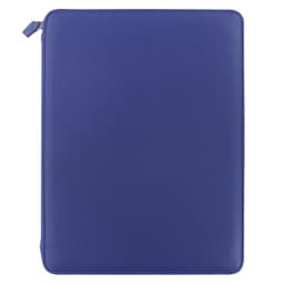 A navy zip folio with a smooth finish, featuring a branded logo on the front.