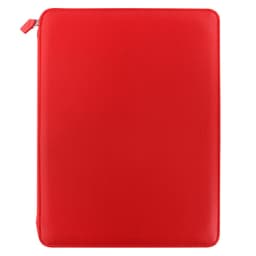 A red zippered folio designed for A4 documents, featuring a smooth finish and a discreet logo.