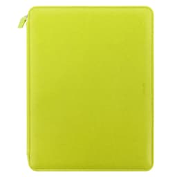 A green Saffiano zip A4 folio with a textured surface and a branding logo.