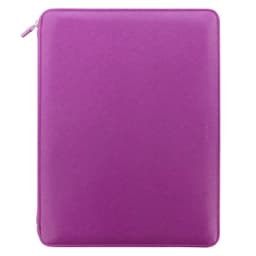 A raspberry-coloured folio with a zip closure, featuring a textured surface and a logo.
