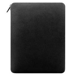 A black leather zip folio featuring a textured surface and a subtle branding logo.