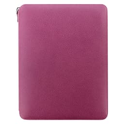 A raspberry leather A4 folio with a textured finish and a zip closure, featuring a logo.