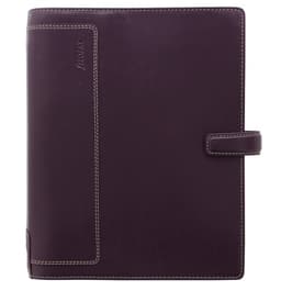 A purple leather organiser with a textured front and a snap closure, featuring a side pocket and branding.