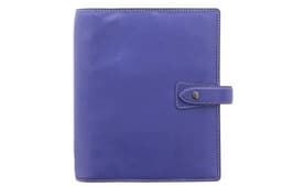 A A5 organiser in iris leather, featuring a button closure and contrasting stitching, with a logo on the front.