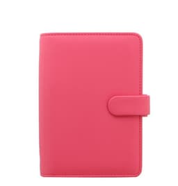 A pink organiser with a smooth finish and a clasp closure, featuring a branding logo on the front.