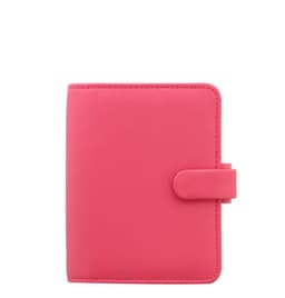 A pink organiser with a clasp closure, designed for office and business use. It features a logo.