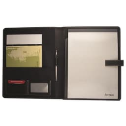 A black compendium featuring pockets, a notepad, and a pen, with white stitching and branding.