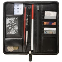 A black organiser featuring card slots, a pen, a zipper pocket, and a section for notes or documents.