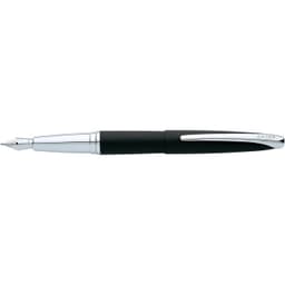 A fountain pen in basalt black with a silver clip and detailing, featuring a sleek design and a logo.
