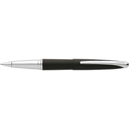 A black pen with chrome accents and a sleek design. The product features a logo.