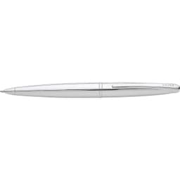 A polished silver ballpoint pen with a sleek design, featuring a clip and a branding logo.