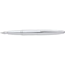 A fountain pen in pure chrome finish with a sleek design and a clip. It features a branding logo.