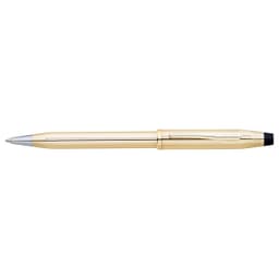 A gold-plated ballpoint pen with a silver tip and a clip, featuring a logo on the body.