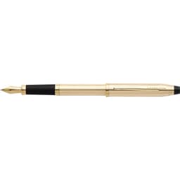 A gold fountain pen with a black grip, featuring a clip and branding, set against a plain background.