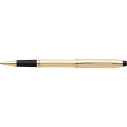 A gold and black pen with a sleek design, featuring a branding logo on the barrel.