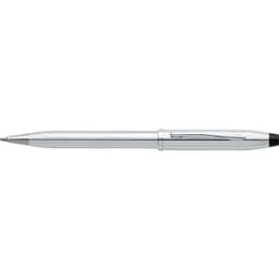 A sleek, lustrous chrome ballpoint pen with a clip and a black tip, featuring a logo.