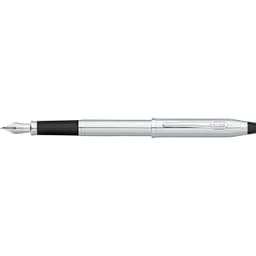 A sleek fountain pen in lustrous chrome with a black grip and a silver nib. It features a brand logo.