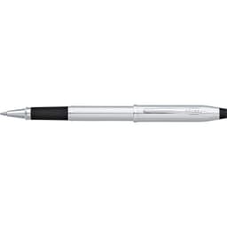 A sleek pen in lustrous chrome with a black grip, featuring a logo and a smooth writing tip.