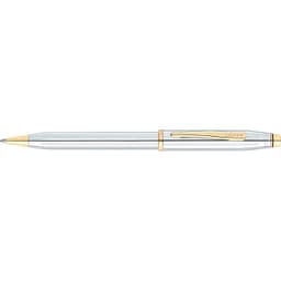 A ballpoint pen with a clear barrel and gold accents, featuring a clip and branding.