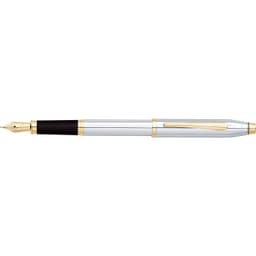 A silver and black fountain pen with a gold trim and a logo on the clip.