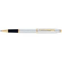 A sleek, silver and black ballpoint pen with gold accents and a clip, featuring a brand logo.