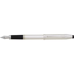 A sterling silver fountain pen featuring a sleek design with a black grip and a silver nib, complete with a logo.