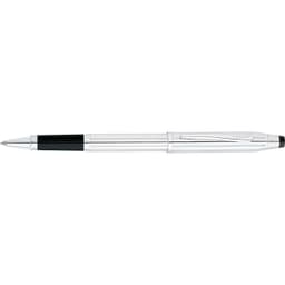A sterling silver pen with black accents and a branding logo, featuring a sleek design and polished finish.