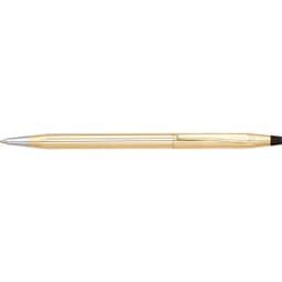 A gold-coloured ballpoint pen with a sleek design and a silver pen tip, featuring a logo.