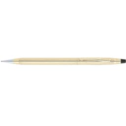 A gold-coloured pen with a sleek design, featuring a clip and a logo on the side.
