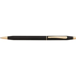 A black ballpoint pen with a sleek design and gold accents, featuring a logo on the side.