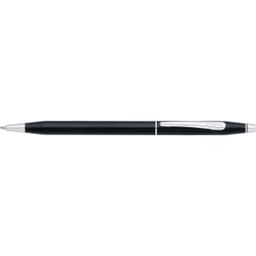 A black lacquer ballpoint pen with a sleek design and silver accents, featuring a branding logo.