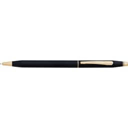 A black pen with gold accents and a logo, featuring a sleek design and a smooth barrel.
