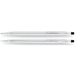 A silver pen and pencil set in lustrous chrome, featuring a branding logo on the side.