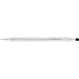 A sleek, chrome ballpoint pen with a polished finish and a clip, featuring a branding logo.