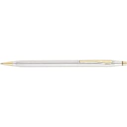 A silver and gold pen with a sleek design, featuring a clip and branding. Perfect for elegant writing.