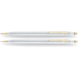 A silver and gold pen set featuring a ballpoint and a mechanical pencil, with a branding logo.