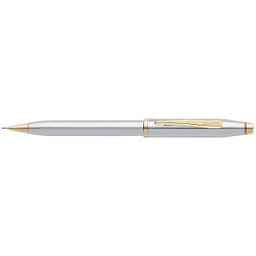 A silver and gold pen with a sleek design, featuring a branding logo on the barrel.