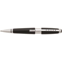 A pen with a sleek design, featuring a black grip and silver accents, along with a visible logo.