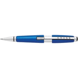 A blue pen with a chrome tip and a branded logo on the side. The design features a sleek and modern style.