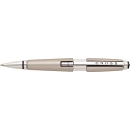 A pen featuring a sleek design in silver with a branded logo, showcasing a polished finish and modern aesthetics.