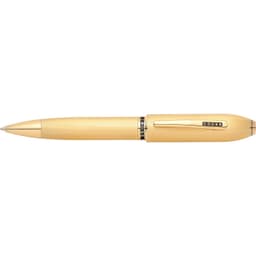 A gold pen with a textured finish and a branded logo, featuring a classic design.