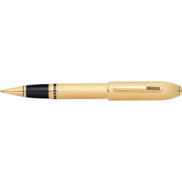 A gold pen with a textured finish, featuring a black grip and a logo.