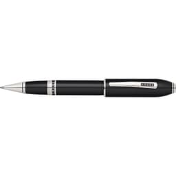 A black lacquer pen with platinum accents, featuring a branding logo. It has a sleek, elegant design.